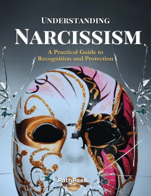 Understanding Narcissism eBook cover – a Venetian-style mask with gold and pink accents, surrounded by shattered glass, symbolizing narcissistic abuse and emotional manipulation.