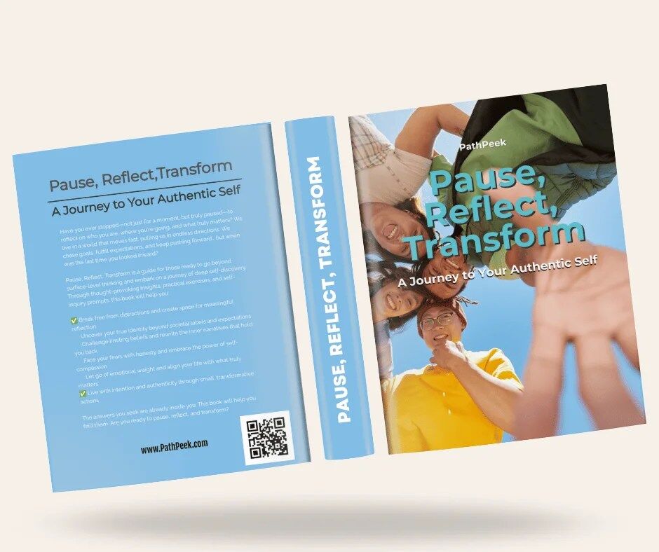 Pause, Reflect, Transform eBook Cover – A Self-Reflection Guide to Unlocking Your Authentic Self muckup pathpeek ebook front and back